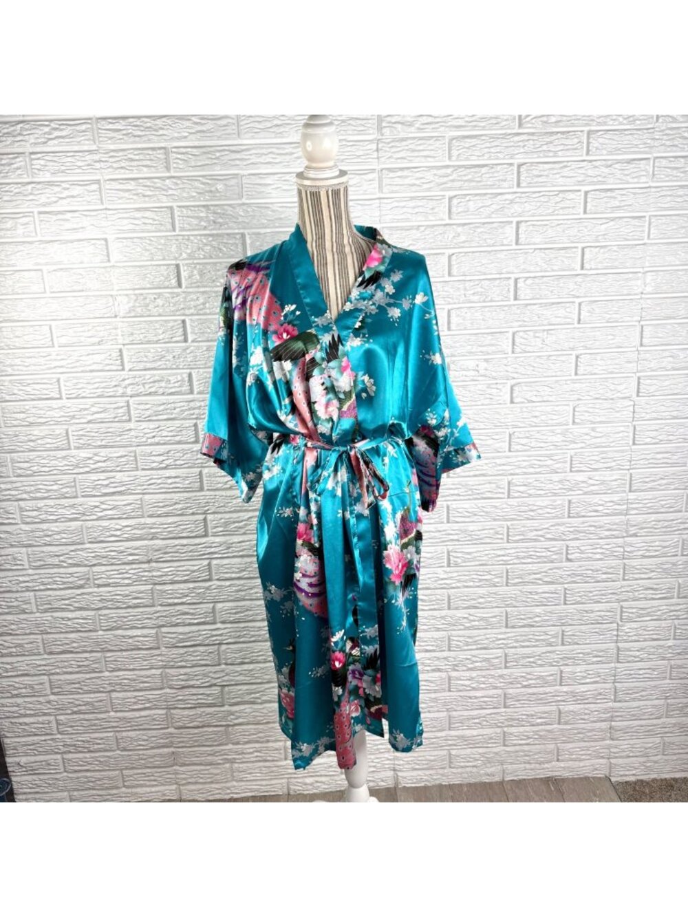 Vtg Oriental Village Silk Collection Blue Peacock Floral Satin Kimono Robe L/XL